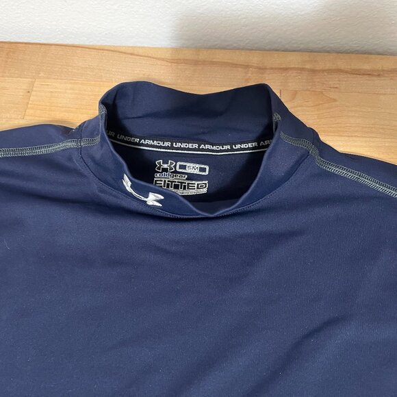 Men's Small Under Armour Coldgear Fitted Long Sleeve Shirt Navy Blue Mock Neck - Picture 2 of 4